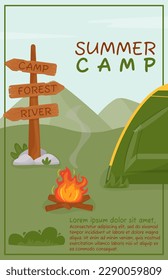 Poster for summer camping, travel, trip, hiking, camper, nature, travel, picnic. Design for a poster, banner, leaflet, cover, special offer, advertisement. Vector illustration in the flat style.