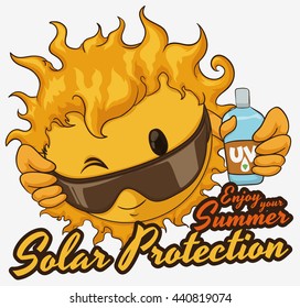 Poster with summer care advice with cute sun wearing cool sunglasses and UV sunscreen lotion.