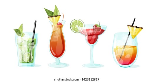 Poster with summer cocktails mai tai, rum punch, mojito, strawberry daiquiri. Vector illustration