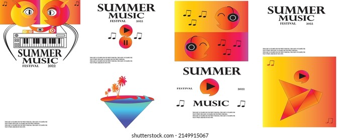 Poster Summer Colourful Fresh Backgroun Art and Music Festival Banner with Copy Space, Origami Bird, Island and ocean cone, Logo Play, Digital Piano, Sphere Face monster Character. All original drawed