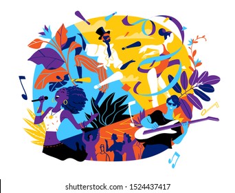 Poster for summer festival, celebration, concert, holiday party. Different kinds of artists are performing. Vector illustration