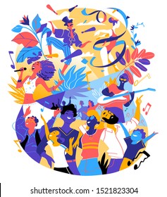 Poster for summer festival, celebration, holiday party. A group of people is happy to be together celebrating a special event. Vector illustration