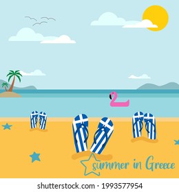 Poster of summer in Greece. Flip-flops on the Greek beach	