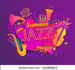 Poster for summer jazz musical festival with classic music instruments - cello, cornet, tuba, clarinet, saxophone on splash with tropical leaves. Vector illustration for music events, jazz concerts.