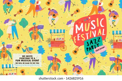 Poster for a summer live music festival or jazz party. Background from vector illustrations of musicians and dancing people.