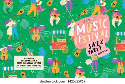 Afiche de un festival de música en vivo de verano o una fiesta de jazz. Antecedentes de ilustraciones vectoriales de músicos y bailarines. 
