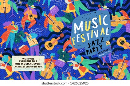 Poster for a summer live music festival or jazz party. Background from vector illustrations of musicians and dancing people. 
