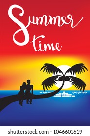 poster summer lover man woman sit on palm tree silhouette see sunset