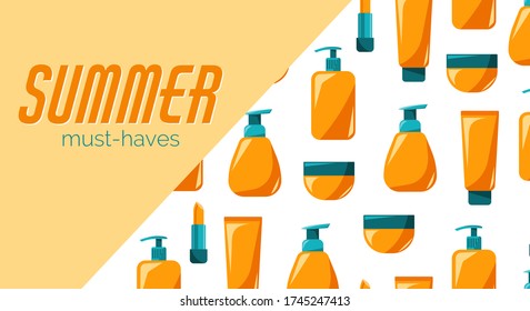 Poster of summer must-haves with spf for advertising, sunscreen bottle, tube