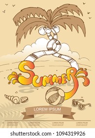 poster summer on the beach and coconut,shell,ball,sunglass