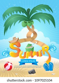 poster summer on the beach and sandals ,shell,ball,coconut