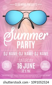 Poster for a Summer Party. Beach sunglasses on a pink background with palm trees. Glares bokeh. The names of the club and DJ. Seasonal disco flyer. Vector illustration. EPS 10