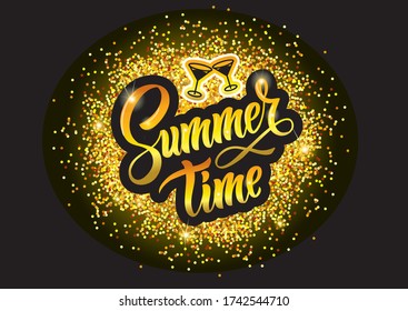 poster for a summer party.  Martini glasses. gold inscription on a black background with gold sparkles