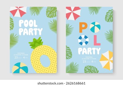 Poster für Sommerparty mit Ananas und Strandaccessoires. Vektorgrafik.