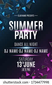 Poster for summer party. Polygonal shapes. Club and DJ name. Purple and blue light effect. Geometric design. Disco invitation flyer. Vector illustration. EPS 10.