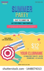 Poster for summer party. Top view on seashells background. Vector illustration. Invitation to nightclub.