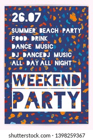 Poster for summer party. Weekend in beach, Holiday layout. Typography design. Banner,leaflet,invitation Vector illustration
