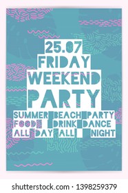 Poster for summer party. Weekend in beach, Holiday layout. Typography design. Banner,leaflet,invitation Vector illustration