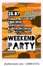 Poster for summer party. Weekend in beach, Holiday layout. Typography design. Banner,leaflet,invitation Vector illustration