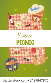 poster summer picnic, green grass, picnic basket, food in nature. vector illustration bbq