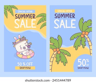 Poster summer sale discount. Happy bunny with cocktail swims on rubber circle under tropical palm leaves. Funny cartoon kawaii animal character. Vector illustration. Isolated vertical gift cards