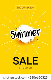 Poster Summer sale. Paper sun on a yellow background. lettering  Summer. Up to 50 off, end season.  Place for text. Vector illustration template.
