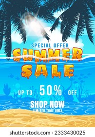 Poster Summer Sale poster template. Exotic underwater life, fishes, seaweeds, palms, sun, sky