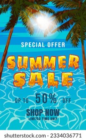 Poster Summer Sale template. Palms, sun, sky, tropical ocean summer scene