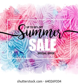 poster summer sales on a trendy tropical background, exotic leaves. Card, label, flyer, banner design element. Vector illustration