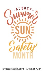 Poster Summer Sun Protection. August Is Summer Sun Safety Month. Letters On Background. Warm Colors