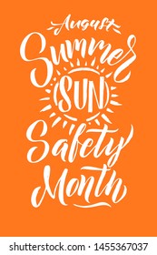 Poster Summer Sun Protection. August Is Summer Sun Safety Month. Letters On Background. Warm Colors