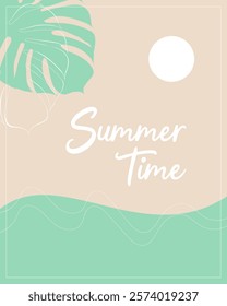 Poster Summer Time against the backdrop of sunny beach and sea waves, soft pastel color flyer. Vector illustration