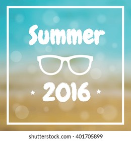 Poster summer time decorated with palm branches on the background of the beach and sea. Vector