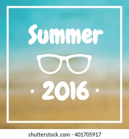 Poster summer time decorated with palm branches on the background of the beach and sea. Vector