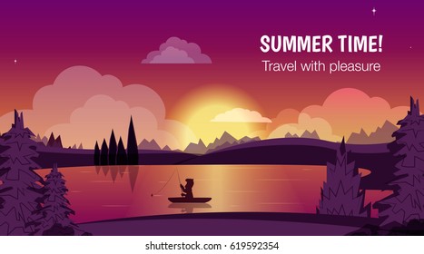 Poster Summer time! Man catches fish from a boat with rod on forest lake at sunset