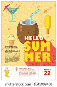 Poster summer time and rest. Flat style, linear graphics. Vector illustration. 