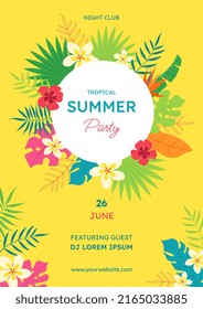 Poster of a summer tropical party. Creative bright, colorful, yellow background with tropical leaves and flowers. Poster, flyer, print template, banner.