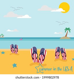 Poster of summer in the USA. Flip-flops on the USA``` beach	