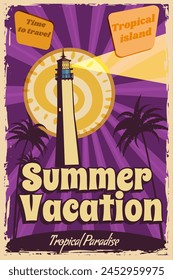 Poster Summer Vacation retro, sailing ship on the ocean, island, coast, palms