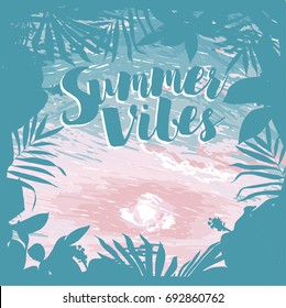 poster for summer vacation with tropical frame and place for text, ocean sunrise or tender sunset and exotic flowers  in sketch style, can be used as party invitation, vector illustration
