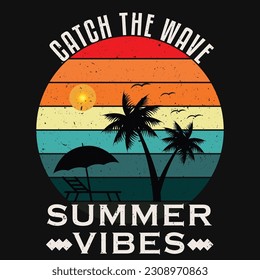 A poster for summer vibes with a beach scene and palm trees