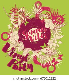 poster for summer vinyl party, disco style invitations in trendy tropical style, green and pink colors,  vector illustration
