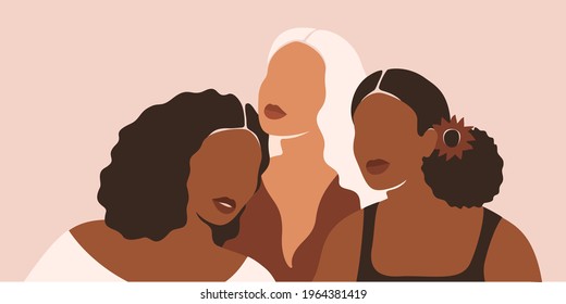 Poster of Summer women with different ethnicities and cultures stand side by side together. Females friendship and sisterhood concept. Vector illustration in the pastel brown colors