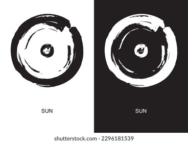 Poster of Sun astrological symbol in two color versions. Black ink handwriting. Vector.