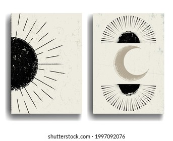 Afiche con vigas de sol al estilo de Boho. Grunge formas geométricas texturadas .Diseño mínimo con elementos de grano . Folleto de moda. Ilustración del vector.