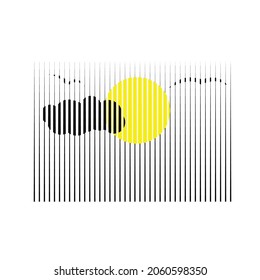 Poster with sun, birds and clouds in boho art style  .Minimal design with line elements . Trendy brochure . .Wall art .striped background .Vector illustration .