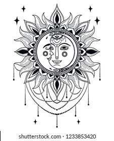 Poster with sun and moon faces and jewels, can be used for tattoo, boho style vector illustration