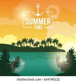 poster sunset landscape of palm trees on the beach with logo summer time with anchor