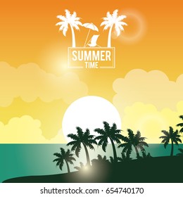 poster sunset landscape of palm trees on the beach with logo summer time