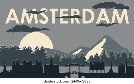 Poster of sunset - sunrise of dark blue panorama of city of Amsterdam with blue background with natural beauties and inscription of the name of the city